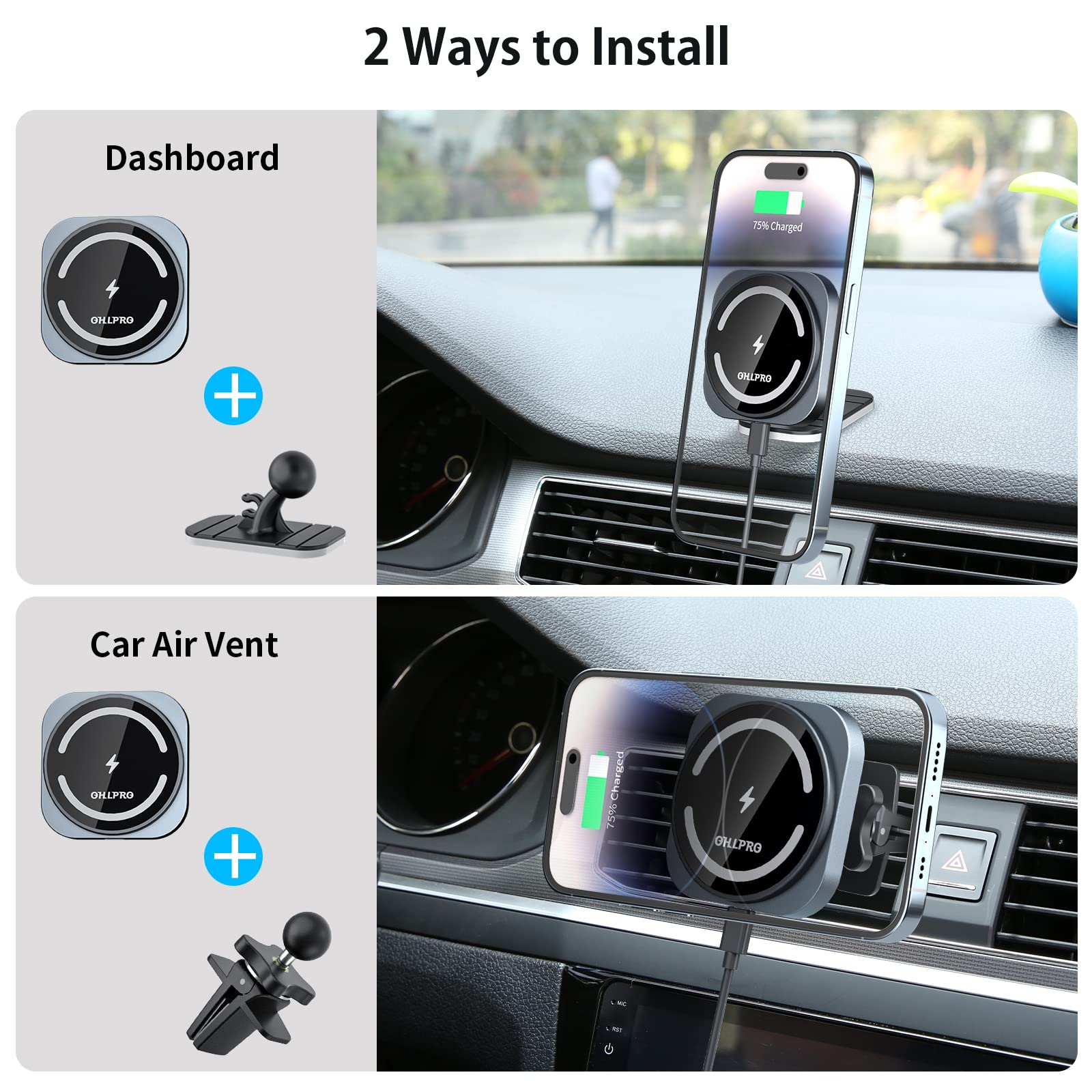 Ohlpro For Magsafe Car Mount Charger, 15W Fast Charging Car Magnetic Phone Holder For Dashboard And Air Vent, Compatible With Ip